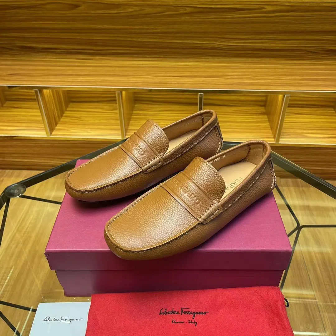 Men's shoes 💰560Ferragamo high-end quality 🔥 light brown pebbled grain ➕ cowhide lining size 38-45